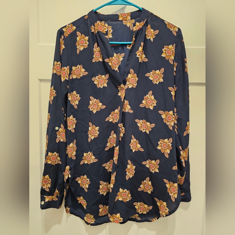 Women's Blue Blouse Floral Print Pullover Tunic V-Neck Size Small